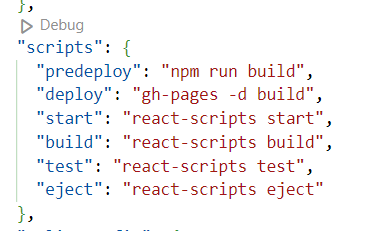 Package.json scripts in order to deploy react app to github pages.