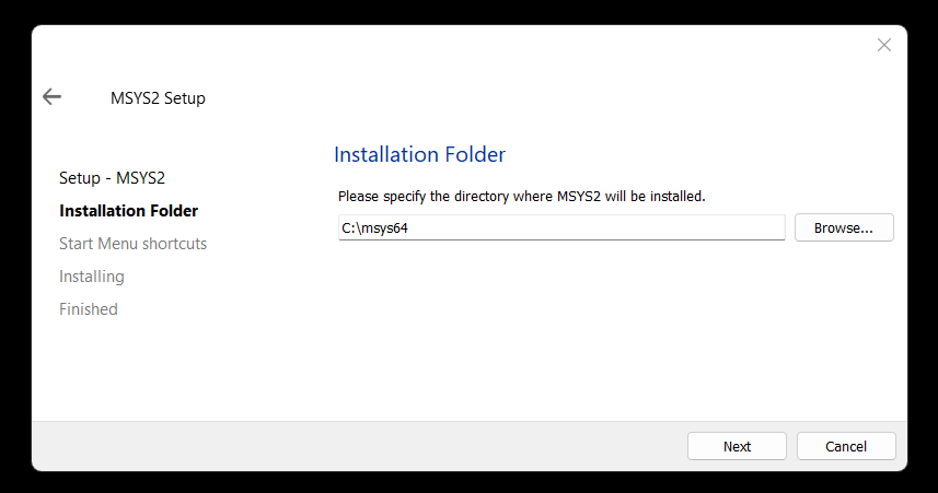 Directory for MSYS2 installation. This is needed to install mingw64.