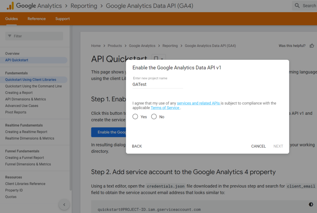 Google Analytics4 Page on clicking Quickstart