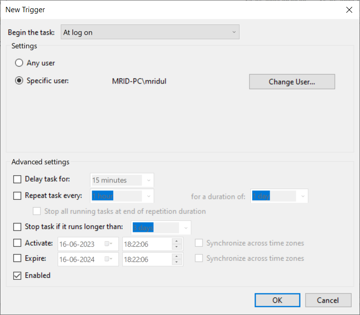 Add a new trigger. This will tell the task scheduler when to run the task. 