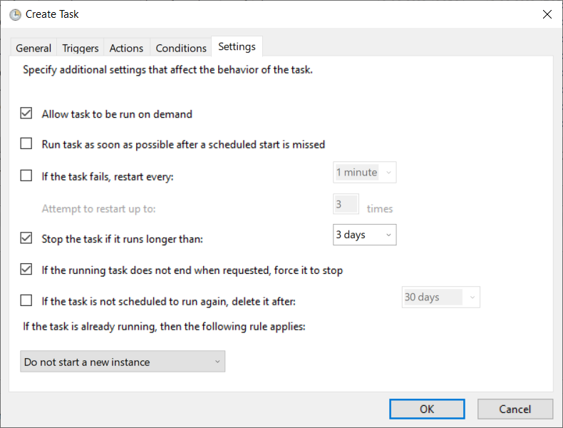 Configure additional settings in the windows task scheduler.